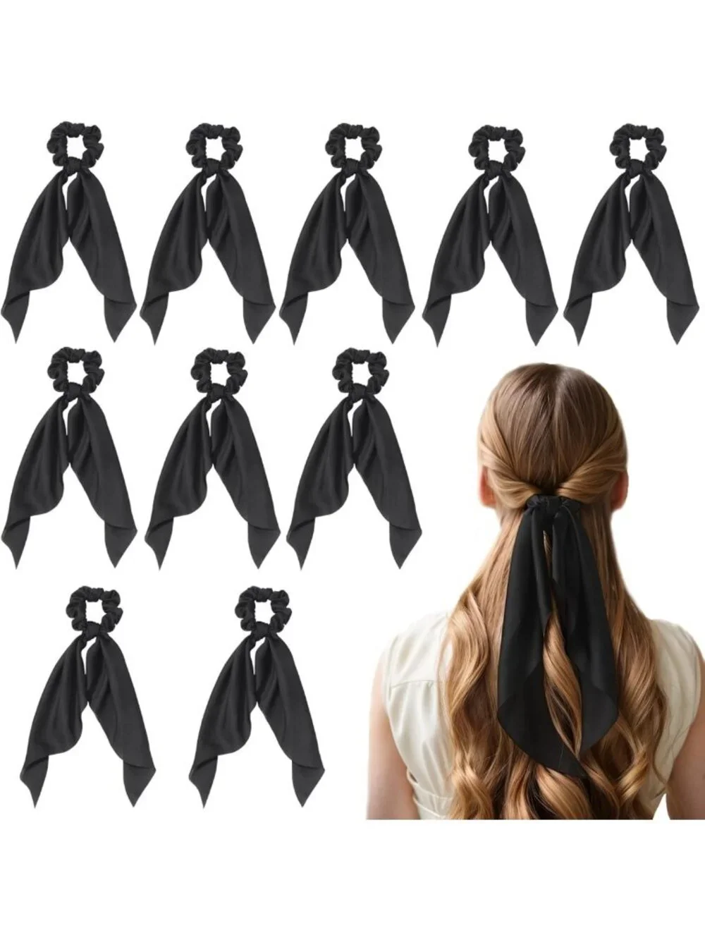Stylish Black Hair Ribbons - 10 Pack Soft Bow Scrunchies & Elastic Ponytail